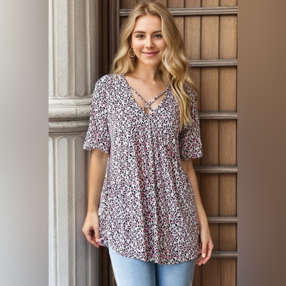 Heimish Full Size Short Sleeve Crisscross Animal Babydoll Top Plus Size